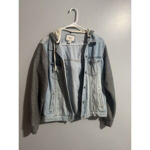 Forever 21 Jean Jacket w Fabric Sleeves And Hood Womens Size Small